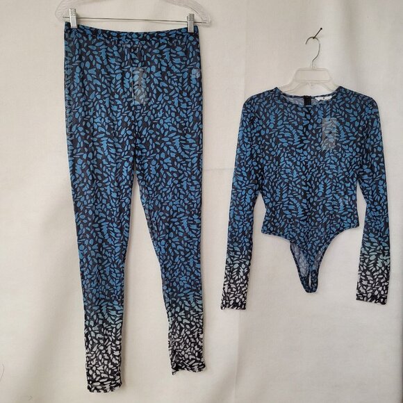 Shane Justin Runway Bodysuit Pant Set Womens XL Sheer Blue‎ Black Animal Print - Picture 1 of 16